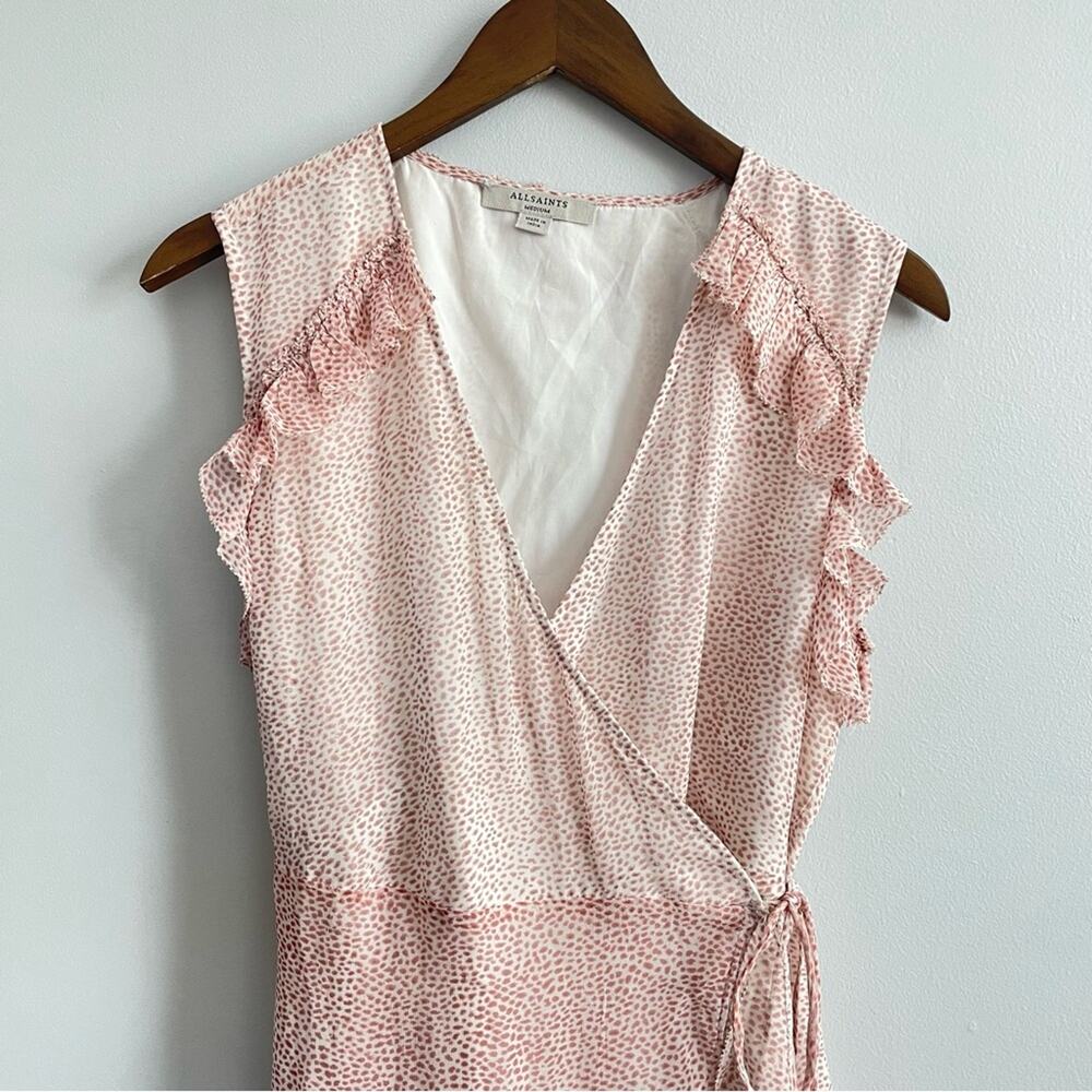 ALLSAINTS Women’s Priya Leox Dress Pink & White Polkadot Ruffle Wrap Flowy Light - Picture 4 of 10